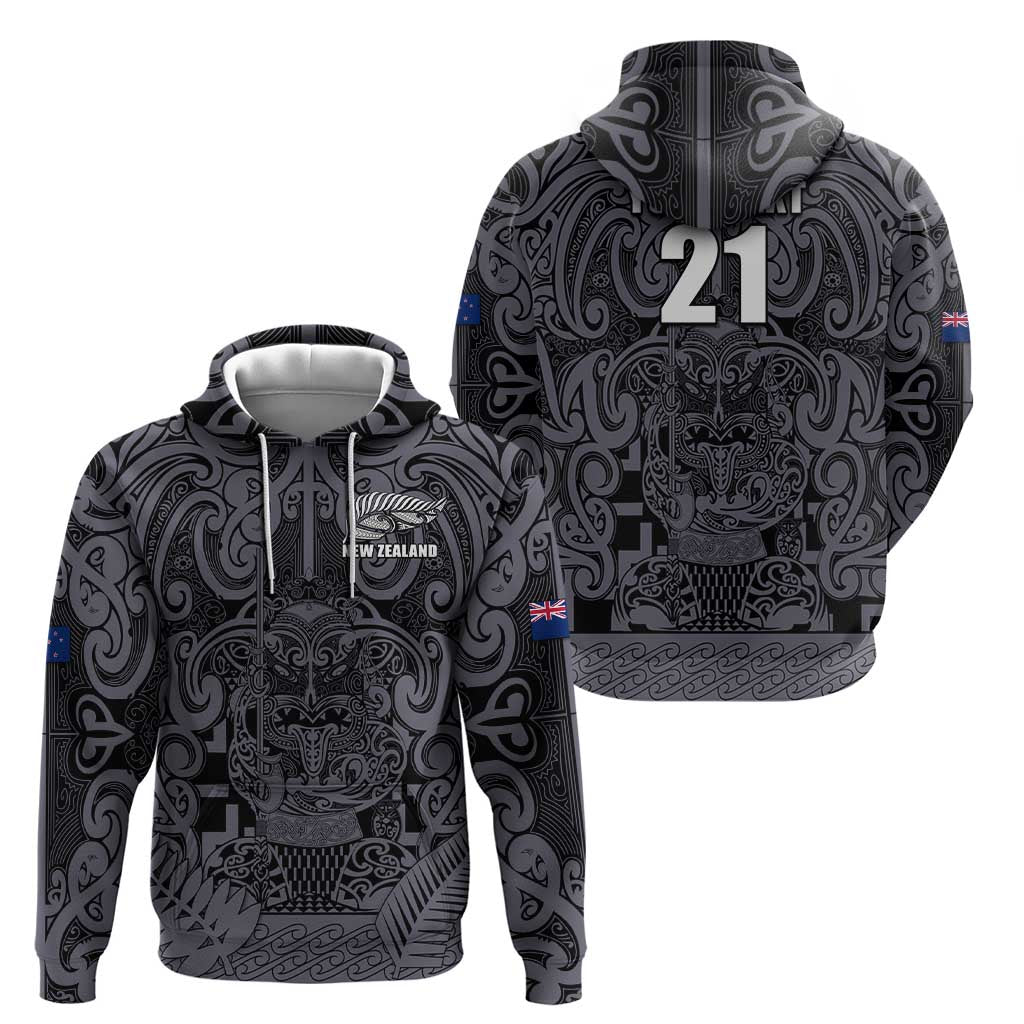 Custom New Zealand Taiaha Maori Zip Hoodie Minimalist Silver Fern All Black LT9 - Polynesian Pride