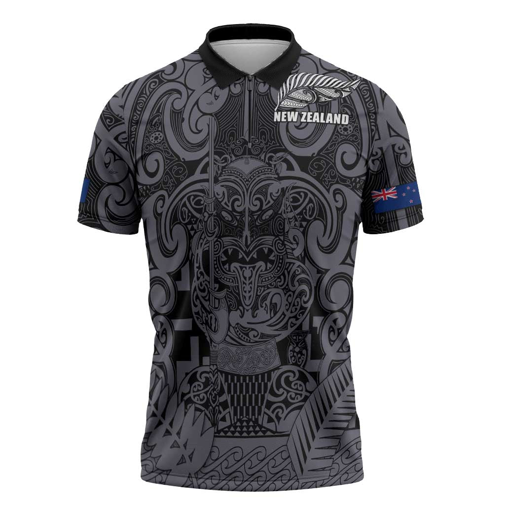 Custom New Zealand Taiaha Maori Zipper Polo Shirt Minimalist Silver Fern All Black LT9 Black - Polynesian Pride