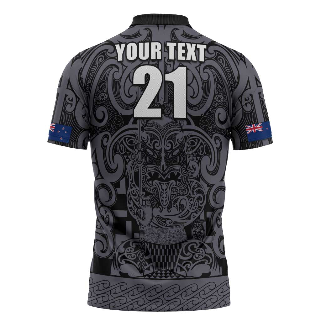 Custom New Zealand Taiaha Maori Zipper Polo Shirt Minimalist Silver Fern All Black LT9 - Polynesian Pride
