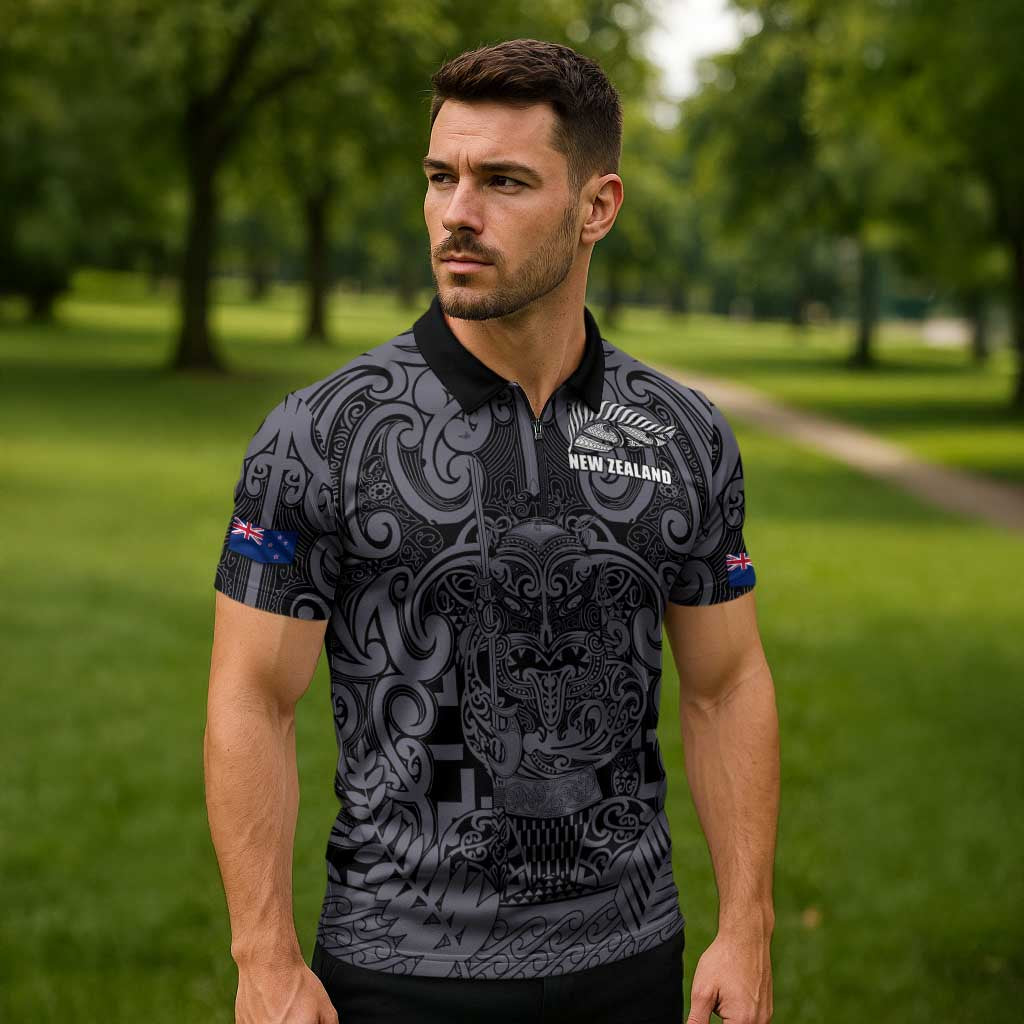 Custom New Zealand Taiaha Maori Zipper Polo Shirt Minimalist Silver Fern All Black LT9 - Polynesian Pride