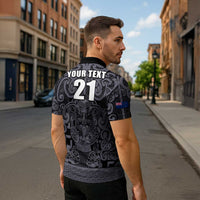 Custom New Zealand Taiaha Maori Zipper Polo Shirt Minimalist Silver Fern All Black LT9 - Polynesian Pride