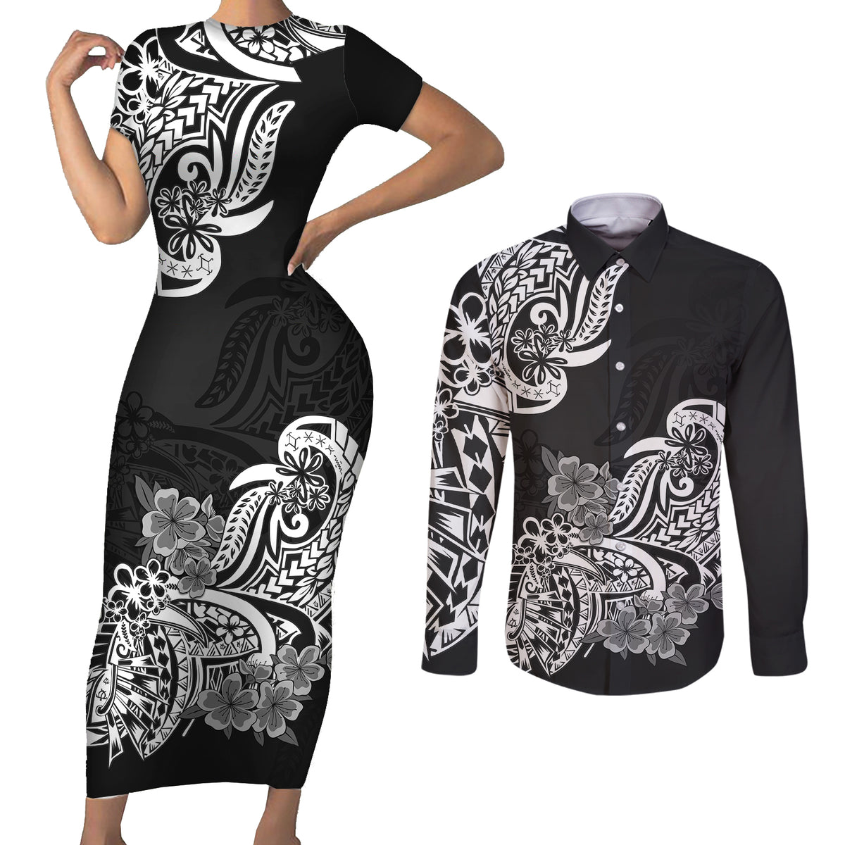 Polynesian Couples Matching Short Sleeve Bodycon Dress and Long Sleeve Button Shirts Pacific Flower Mix Floral Tribal Tattoo Black Vibe LT9 Black - Polynesian Pride