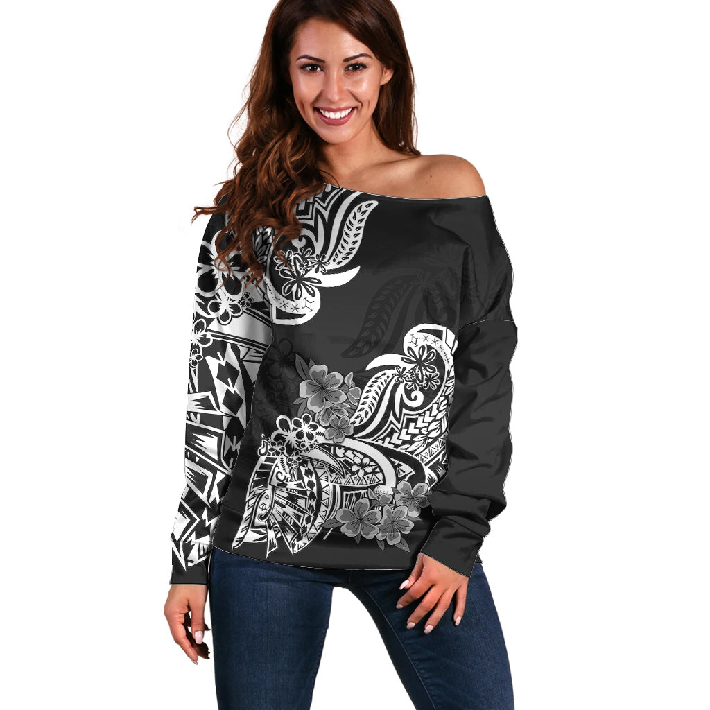 Polynesian Off Shoulder Sweater Pacific Flower Mix Floral Tribal Tattoo Black Vibe LT9 Women Black - Polynesian Pride