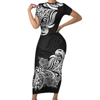 Polynesian Short Sleeve Bodycon Dress Pacific Flower Mix Floral Tribal Tattoo Black Vibe LT9 Long Dress Black - Polynesian Pride