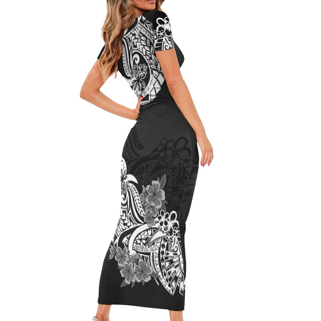 Polynesian Short Sleeve Bodycon Dress Pacific Flower Mix Floral Tribal Tattoo Black Vibe LT9 - Polynesian Pride