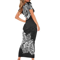 Polynesian Short Sleeve Bodycon Dress Pacific Flower Mix Floral Tribal Tattoo Black Vibe LT9 - Polynesian Pride