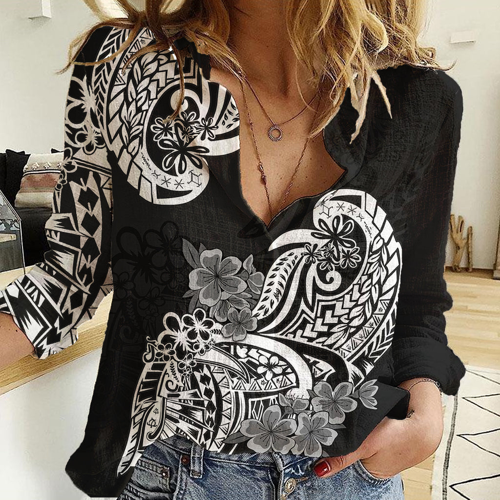 Polynesian Women Casual Shirt Pacific Flower Mix Floral Tribal Tattoo Black Vibe LT9 Female Black - Polynesian Pride