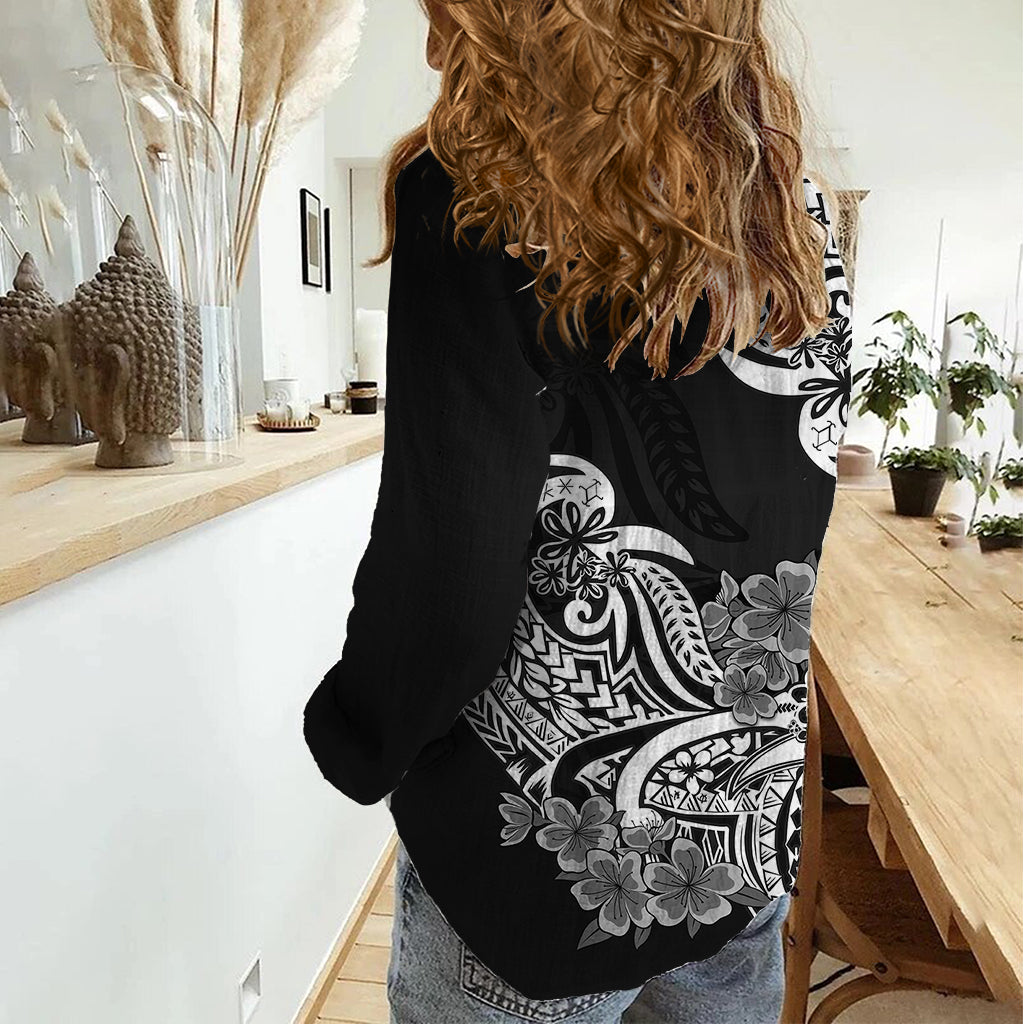 Polynesian Women Casual Shirt Pacific Flower Mix Floral Tribal Tattoo Black Vibe LT9 - Polynesian Pride