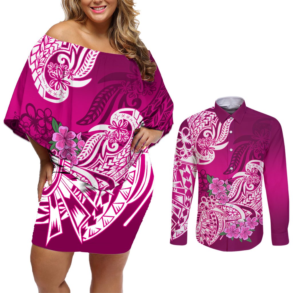 Polynesian Couples Matching Off Shoulder Short Dress and Long Sleeve Button Shirts Pacific Flower Mix Floral Tribal Tattoo Pink Vibe LT9 Pink - Polynesian Pride