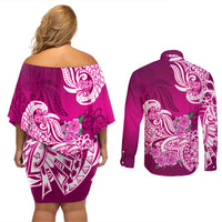 Polynesian Couples Matching Off Shoulder Short Dress and Long Sleeve Button Shirts Pacific Flower Mix Floral Tribal Tattoo Pink Vibe LT9 - Polynesian Pride