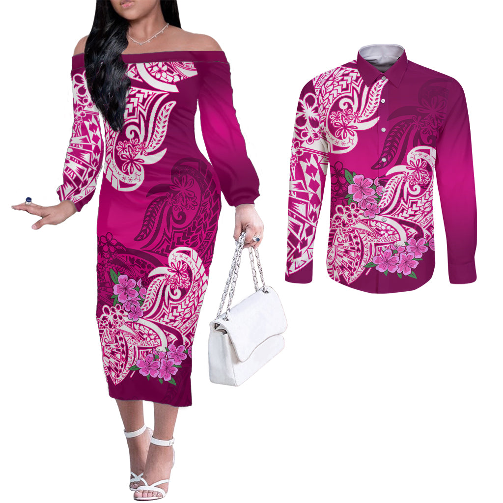 Polynesian Couples Matching Off The Shoulder Long Sleeve Dress and Long Sleeve Button Shirts Pacific Flower Mix Floral Tribal Tattoo Pink Vibe LT9 Pink - Polynesian Pride