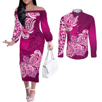 Polynesian Couples Matching Off The Shoulder Long Sleeve Dress and Long Sleeve Button Shirts Pacific Flower Mix Floral Tribal Tattoo Pink Vibe LT9 Pink - Polynesian Pride