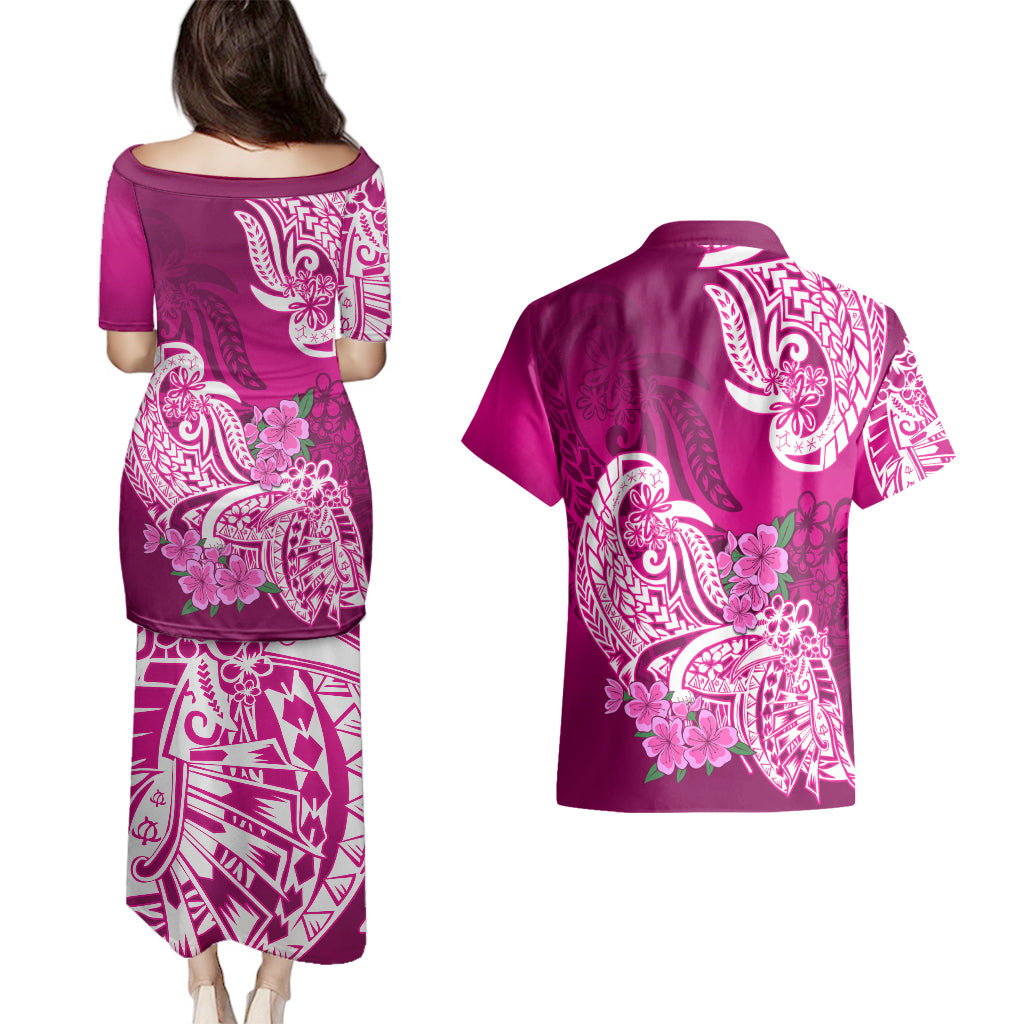 Polynesian Couples Matching Puletasi Dress and Hawaiian Shirt Pacific Flower Mix Floral Tribal Tattoo Pink Vibe LT9 - Polynesian Pride