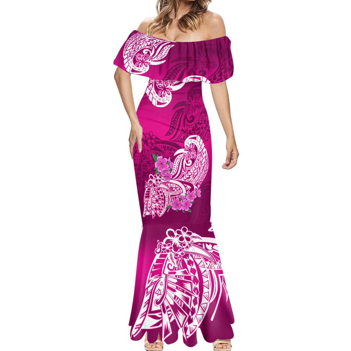Polynesian Mermaid Dress Pacific Flower Mix Floral Tribal Tattoo Pink Vibe LT9 - Polynesian Pride