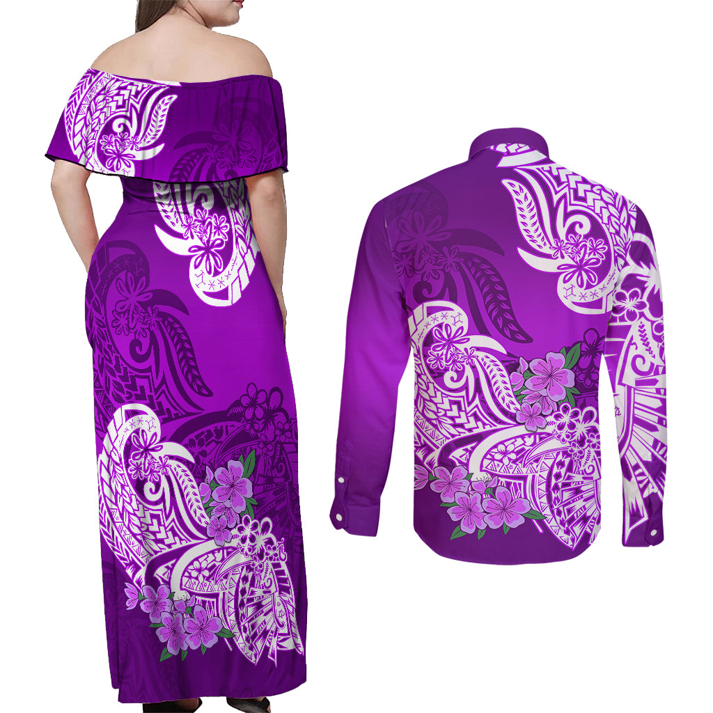 Polynesian Couples Matching Off Shoulder Maxi Dress and Long Sleeve Button Shirts Pacific Flower Mix Floral Tribal Tattoo Purple Vibe LT9 - Polynesian Pride