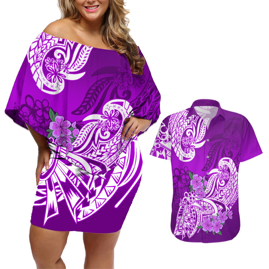 Polynesian Couples Matching Off Shoulder Short Dress and Hawaiian Shirt Pacific Flower Mix Floral Tribal Tattoo Purple Vibe LT9 Purple - Polynesian Pride