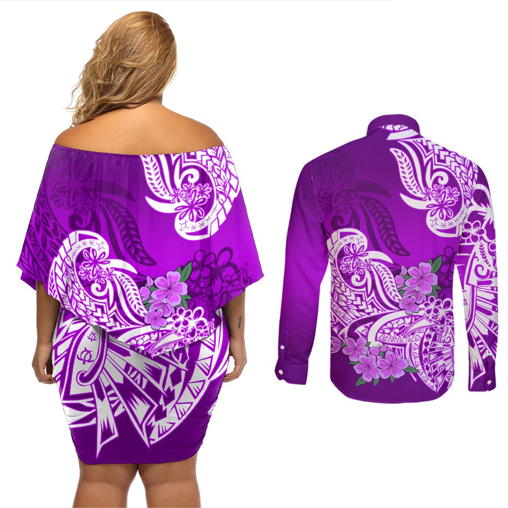 Polynesian Couples Matching Off Shoulder Short Dress and Long Sleeve Button Shirts Pacific Flower Mix Floral Tribal Tattoo Purple Vibe LT9 - Polynesian Pride