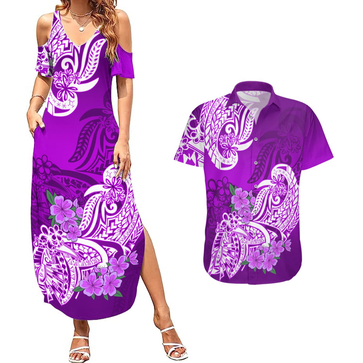 Polynesian Couples Matching Summer Maxi Dress and Hawaiian Shirt Pacific Flower Mix Floral Tribal Tattoo Purple Vibe LT9 Purple - Polynesian Pride
