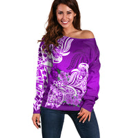 Polynesian Off Shoulder Sweater Pacific Flower Mix Floral Tribal Tattoo Purple Vibe LT9 Women Purple - Polynesian Pride