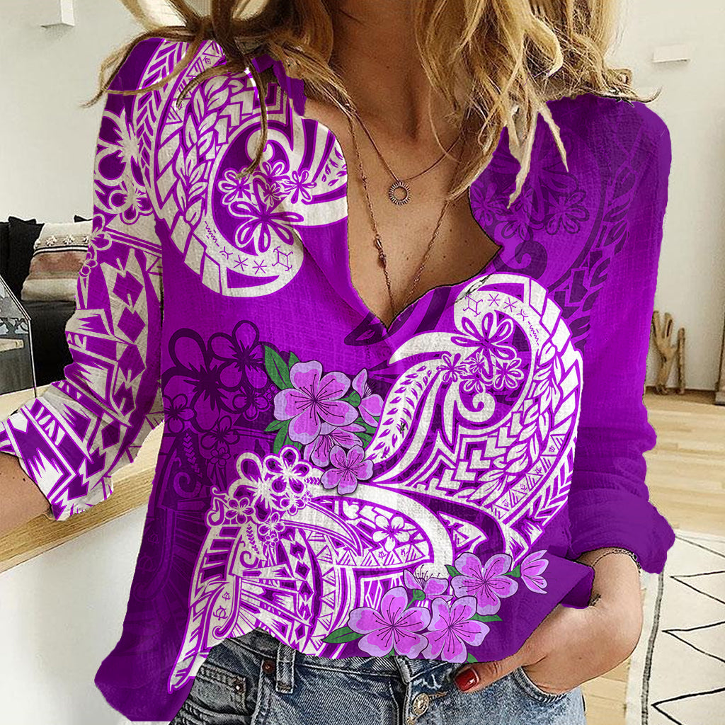 Polynesian Women Casual Shirt Pacific Flower Mix Floral Tribal Tattoo Purple Vibe LT9 Female Purple - Polynesian Pride