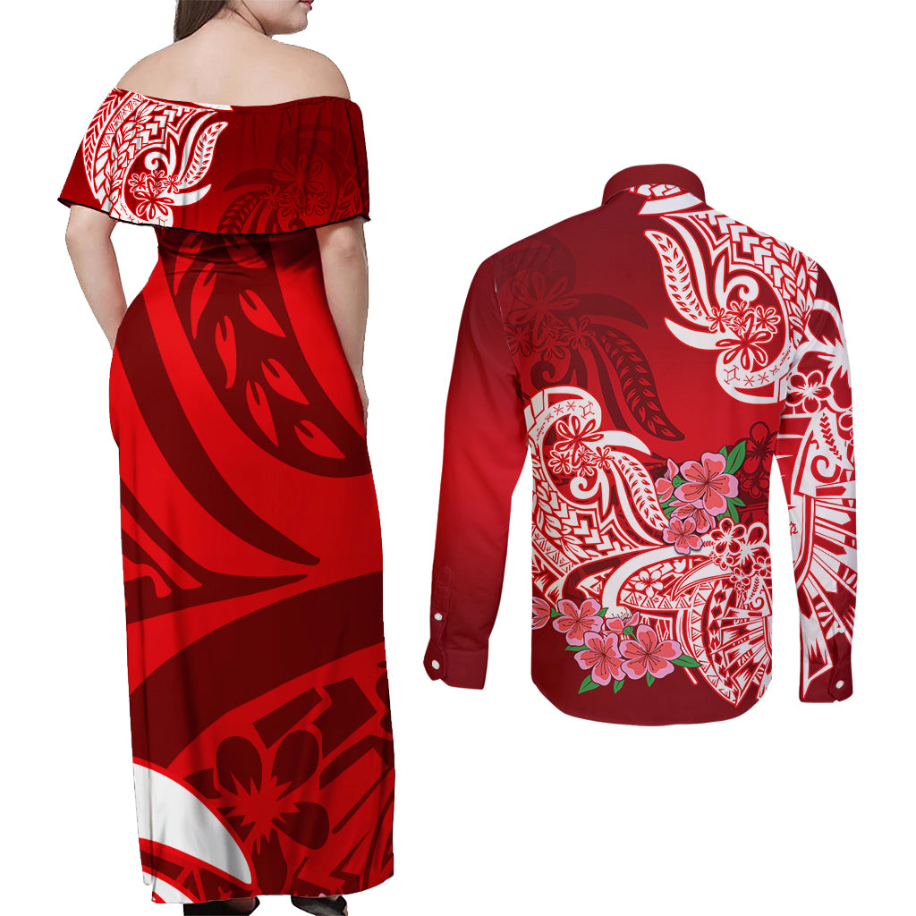 Polynesian Couples Matching Off Shoulder Maxi Dress and Long Sleeve Button Shirts Pacific Flower Mix Floral Tribal Tattoo Red Vibe LT9 - Polynesian Pride