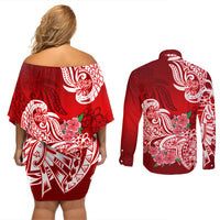 Polynesian Couples Matching Off Shoulder Short Dress and Long Sleeve Button Shirts Pacific Flower Mix Floral Tribal Tattoo Red Vibe LT9 - Polynesian Pride
