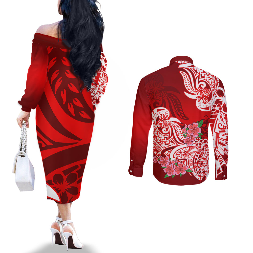 Polynesian Couples Matching Off The Shoulder Long Sleeve Dress and Long Sleeve Button Shirts Pacific Flower Mix Floral Tribal Tattoo Red Vibe LT9 - Polynesian Pride