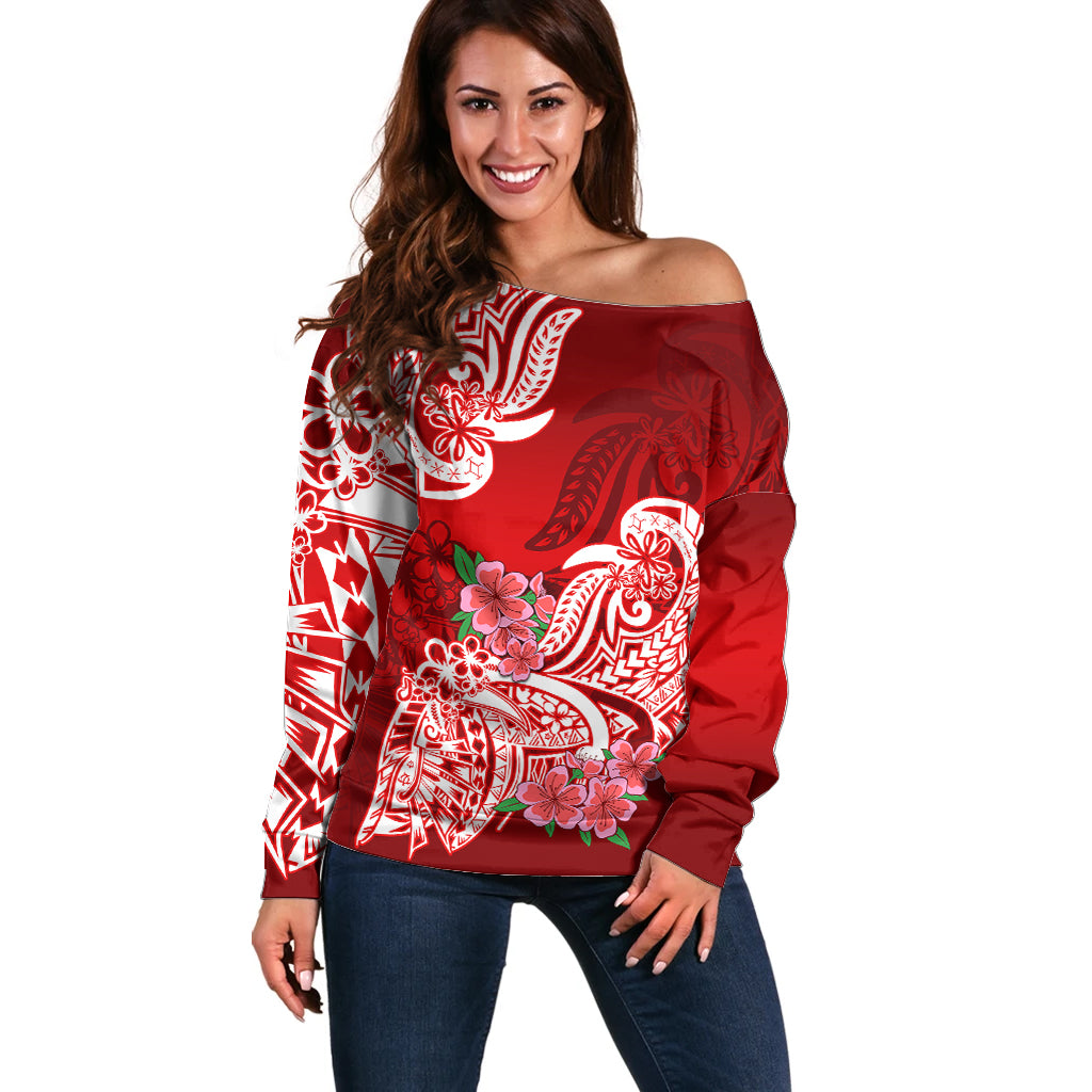 Polynesian Off Shoulder Sweater Pacific Flower Mix Floral Tribal Tattoo Red Vibe LT9 Women Red - Polynesian Pride