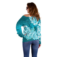 Polynesian Off Shoulder Sweater Pacific Flower Mix Floral Tribal Tattoo Aqua Vibe LT9 - Polynesian Pride