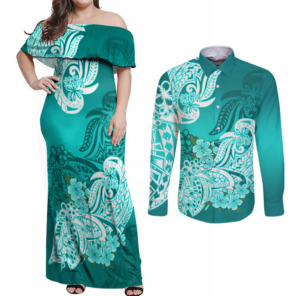Polynesian Couples Matching Off Shoulder Maxi Dress and Long Sleeve Button Shirts Pacific Flower Mix Floral Tribal Tattoo Turquoise Vibe LT9 Turquoise - Polynesian Pride