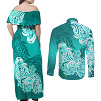 Polynesian Couples Matching Off Shoulder Maxi Dress and Long Sleeve Button Shirts Pacific Flower Mix Floral Tribal Tattoo Turquoise Vibe LT9 - Polynesian Pride