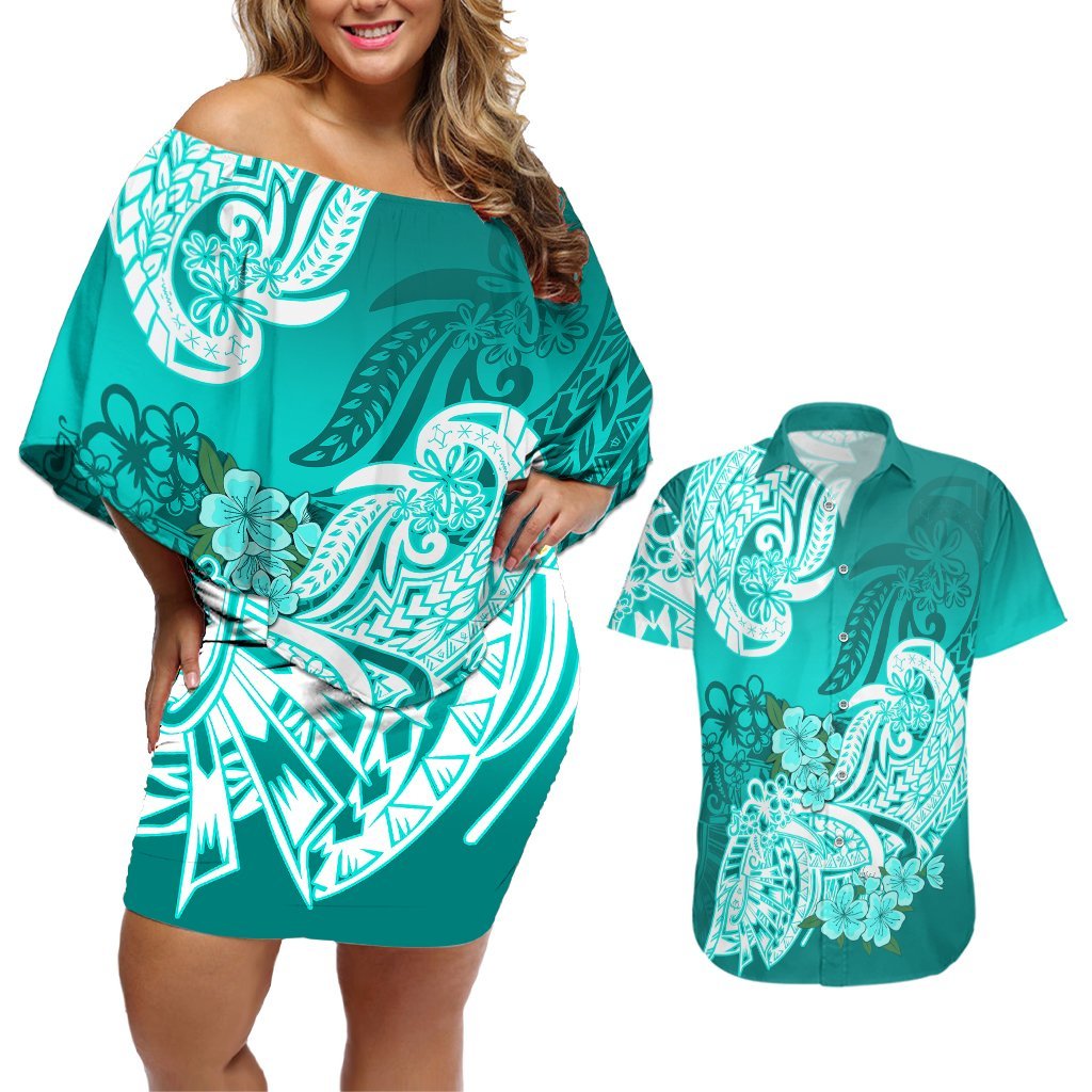 Polynesian Couples Matching Off Shoulder Short Dress and Hawaiian Shirt Pacific Flower Mix Floral Tribal Tattoo Turquoise Vibe LT9 Turquoise - Polynesian Pride