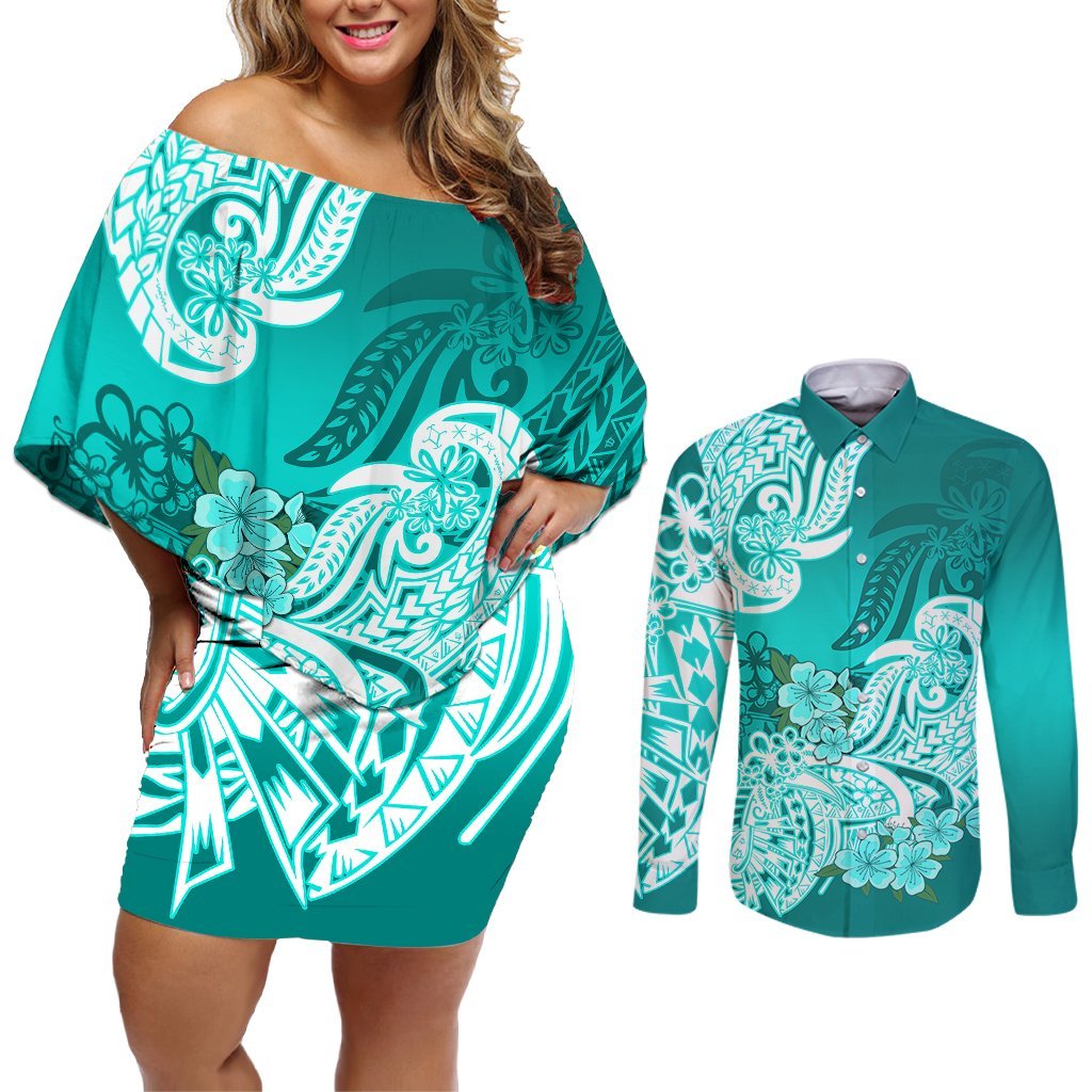 Polynesian Couples Matching Off Shoulder Short Dress and Long Sleeve Button Shirts Pacific Flower Mix Floral Tribal Tattoo Turquoise Vibe LT9 Turquoise - Polynesian Pride