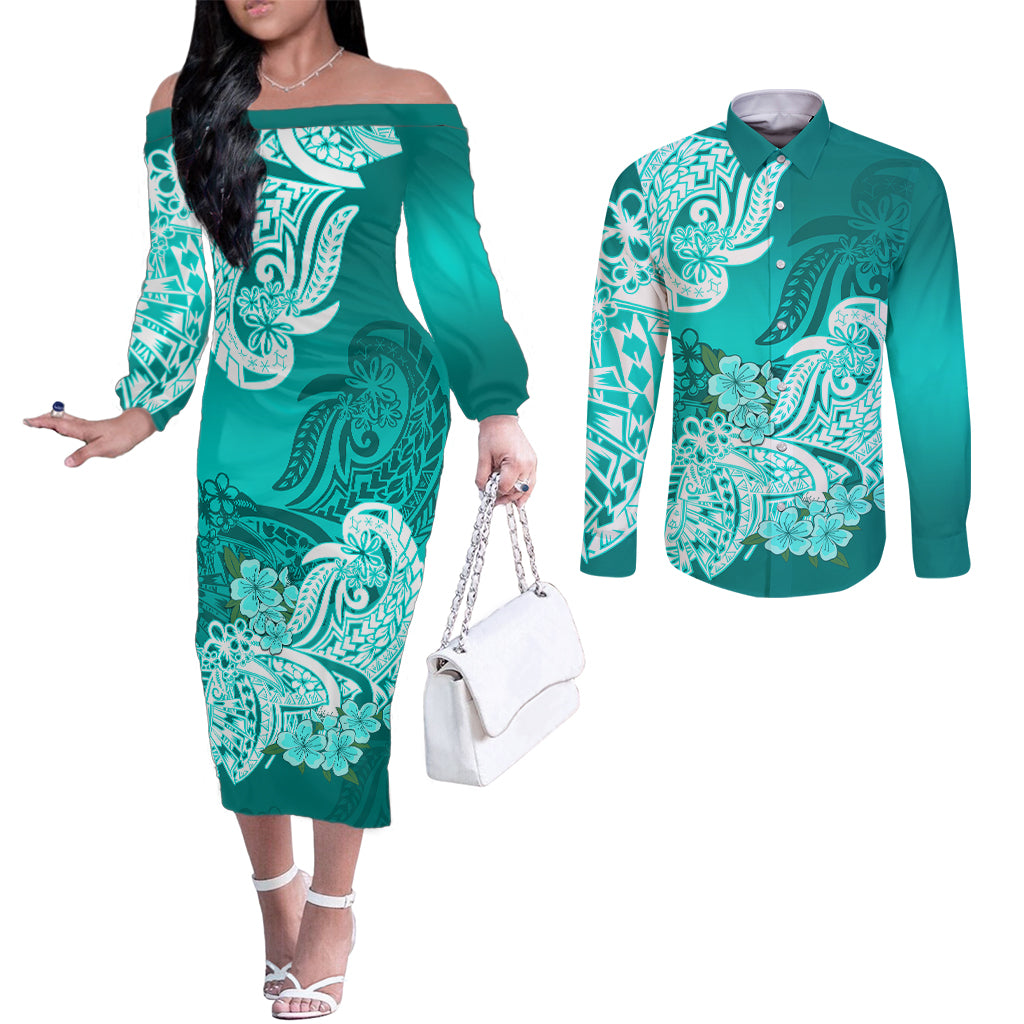 Polynesian Couples Matching Off The Shoulder Long Sleeve Dress and Long Sleeve Button Shirts Pacific Flower Mix Floral Tribal Tattoo Turquoise Vibe LT9 Turquoise - Polynesian Pride