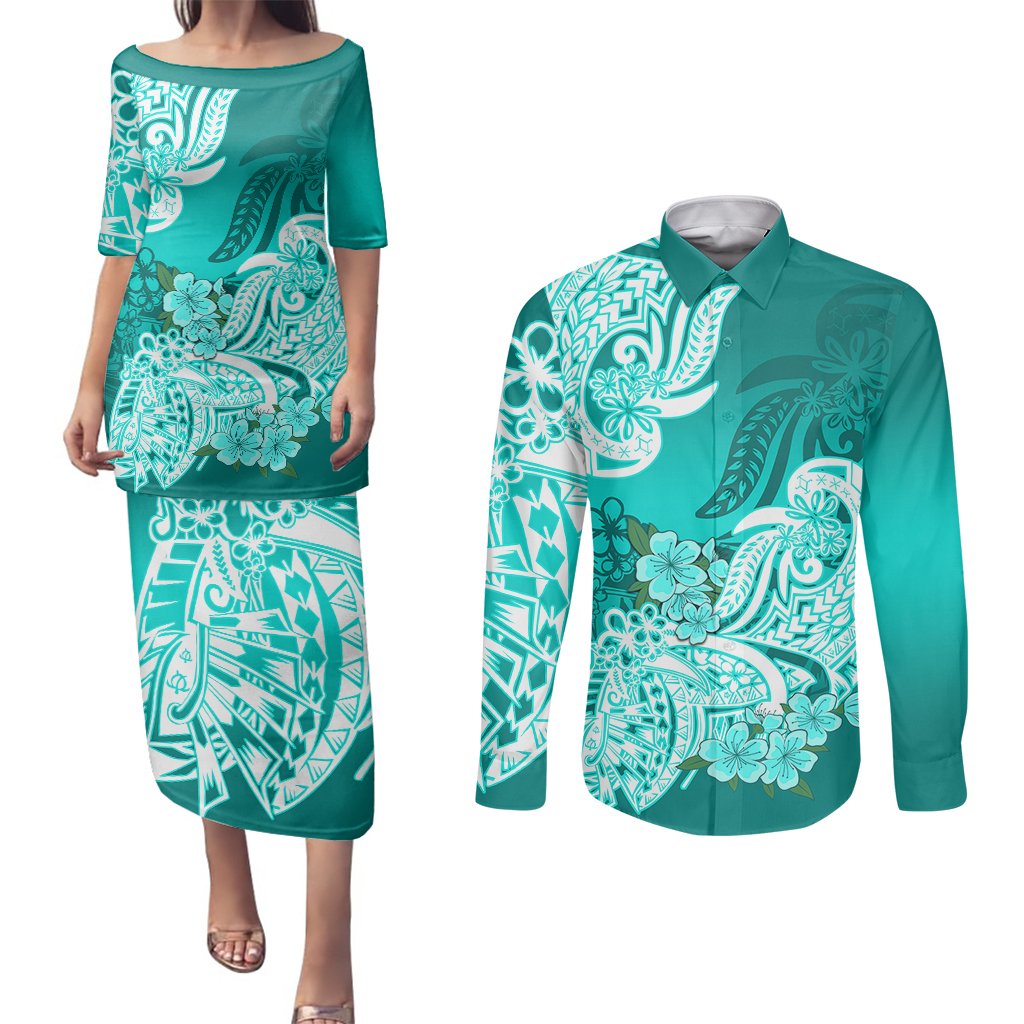 Polynesian Couples Matching Puletasi Dress and Long Sleeve Button Shirts Pacific Flower Mix Floral Tribal Tattoo Turquoise Vibe LT9 Turquoise - Polynesian Pride