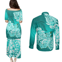 Polynesian Couples Matching Puletasi Dress and Long Sleeve Button Shirts Pacific Flower Mix Floral Tribal Tattoo Turquoise Vibe LT9 - Polynesian Pride