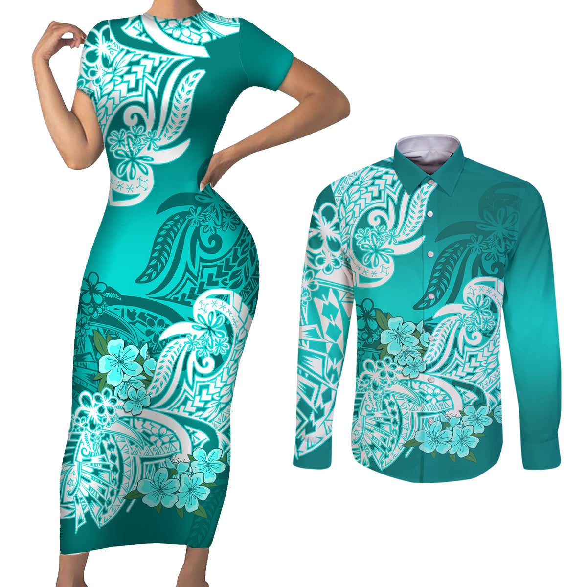 Polynesian Couples Matching Short Sleeve Bodycon Dress and Long Sleeve Button Shirts Pacific Flower Mix Floral Tribal Tattoo Turquoise Vibe LT9 Turquoise - Polynesian Pride