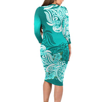 Polynesian Floral Tribal Long Sleeves Dress Turquoise LT9