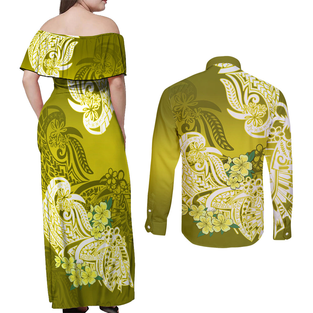 Polynesian Couples Matching Off Shoulder Maxi Dress and Long Sleeve Button Shirts Pacific Flower Mix Floral Tribal Tattoo Yellow Vibe LT9 - Polynesian Pride