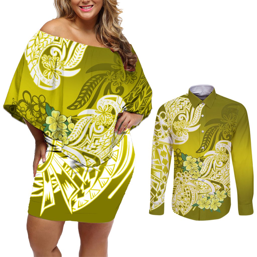 Polynesian Couples Matching Off Shoulder Short Dress and Long Sleeve Button Shirts Pacific Flower Mix Floral Tribal Tattoo Yellow Vibe LT9 Yellow - Polynesian Pride