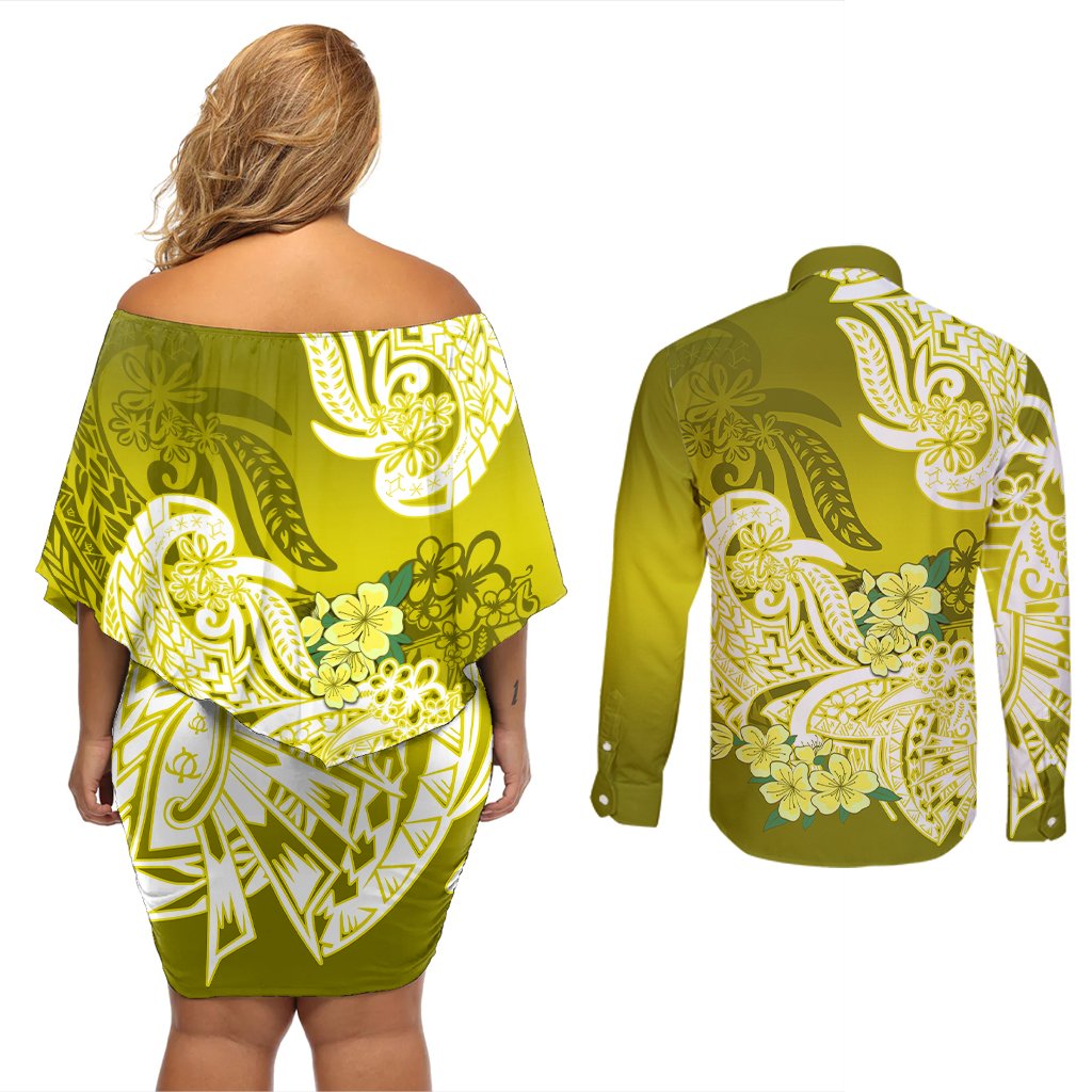 Polynesian Couples Matching Off Shoulder Short Dress and Long Sleeve Button Shirts Pacific Flower Mix Floral Tribal Tattoo Yellow Vibe LT9 - Polynesian Pride