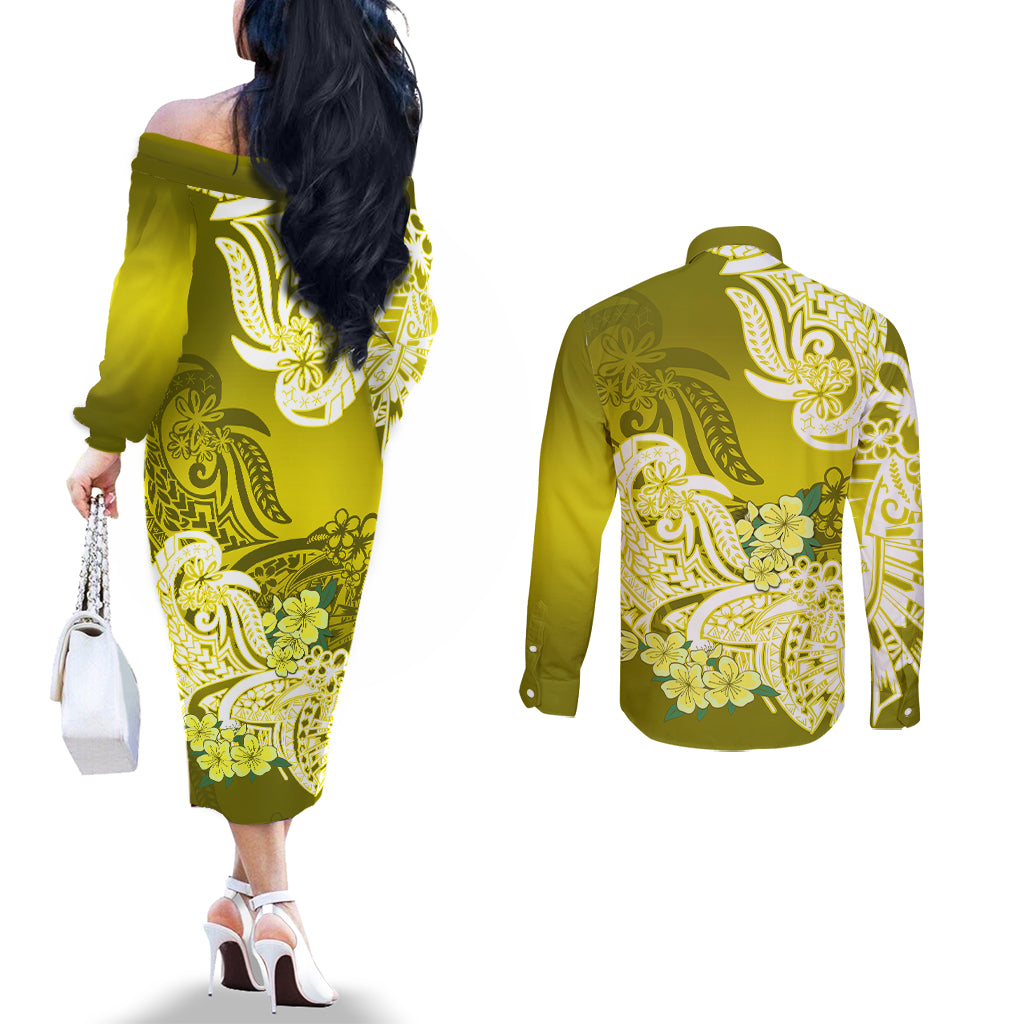Polynesian Couples Matching Off The Shoulder Long Sleeve Dress and Long Sleeve Button Shirts Pacific Flower Mix Floral Tribal Tattoo Yellow Vibe LT9 - Polynesian Pride