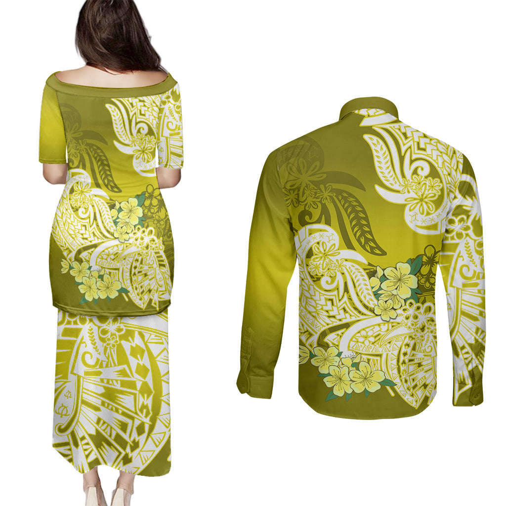 Polynesian Couples Matching Puletasi Dress and Long Sleeve Button Shirts Pacific Flower Mix Floral Tribal Tattoo Yellow Vibe LT9 - Polynesian Pride