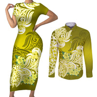 Polynesian Couples Matching Short Sleeve Bodycon Dress and Long Sleeve Button Shirts Pacific Flower Mix Floral Tribal Tattoo Yellow Vibe LT9 Yellow - Polynesian Pride
