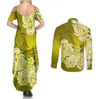 Polynesian Couples Matching Summer Maxi Dress and Long Sleeve Button Shirts Pacific Flower Mix Floral Tribal Tattoo Yellow Vibe LT9 - Polynesian Pride