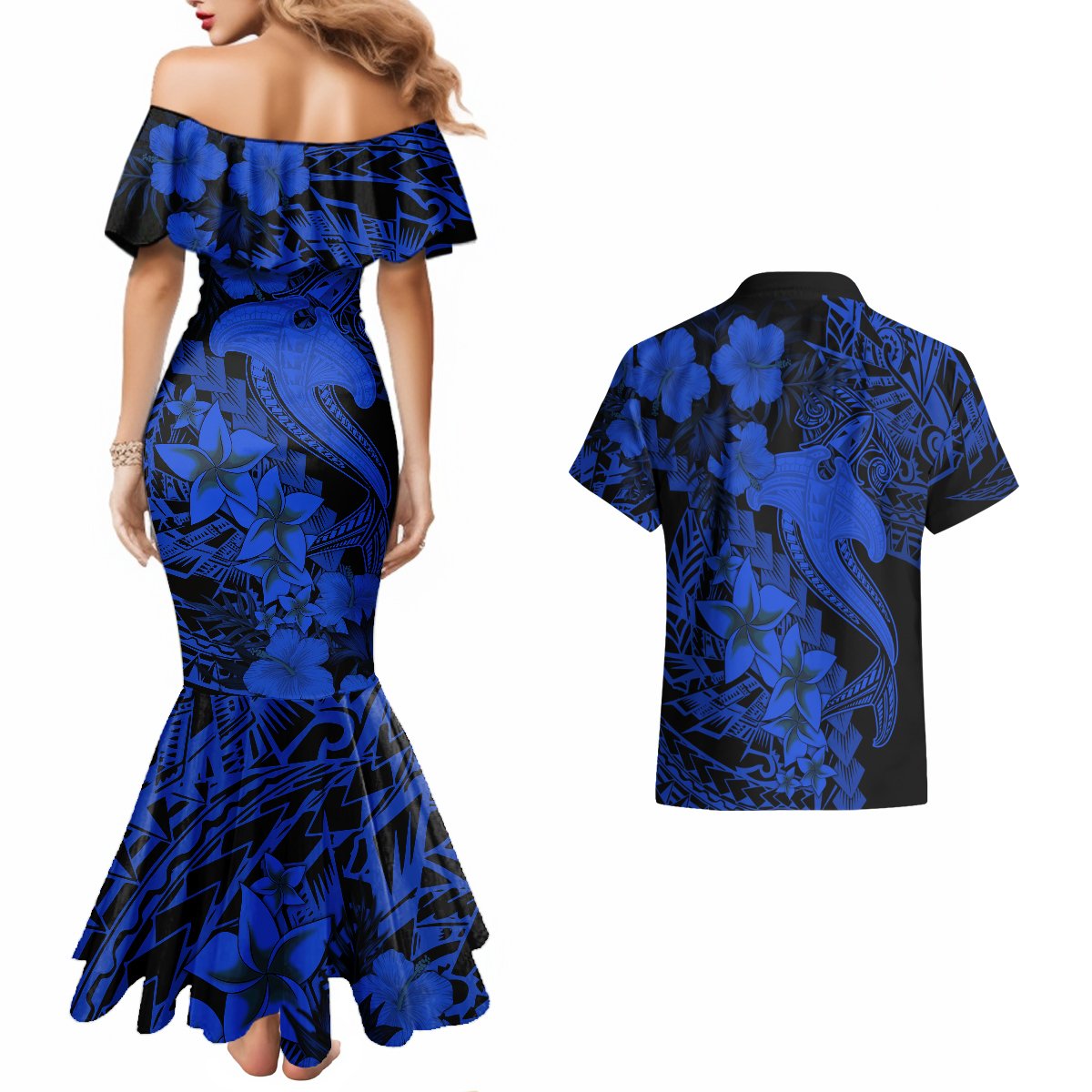 Aloha Hawaii Couples Matching Mermaid Dress And Hawaiian Shirt Hammerhead Shark Tattoo Polynesian Summer - Blue LT9 - Polynesian Pride