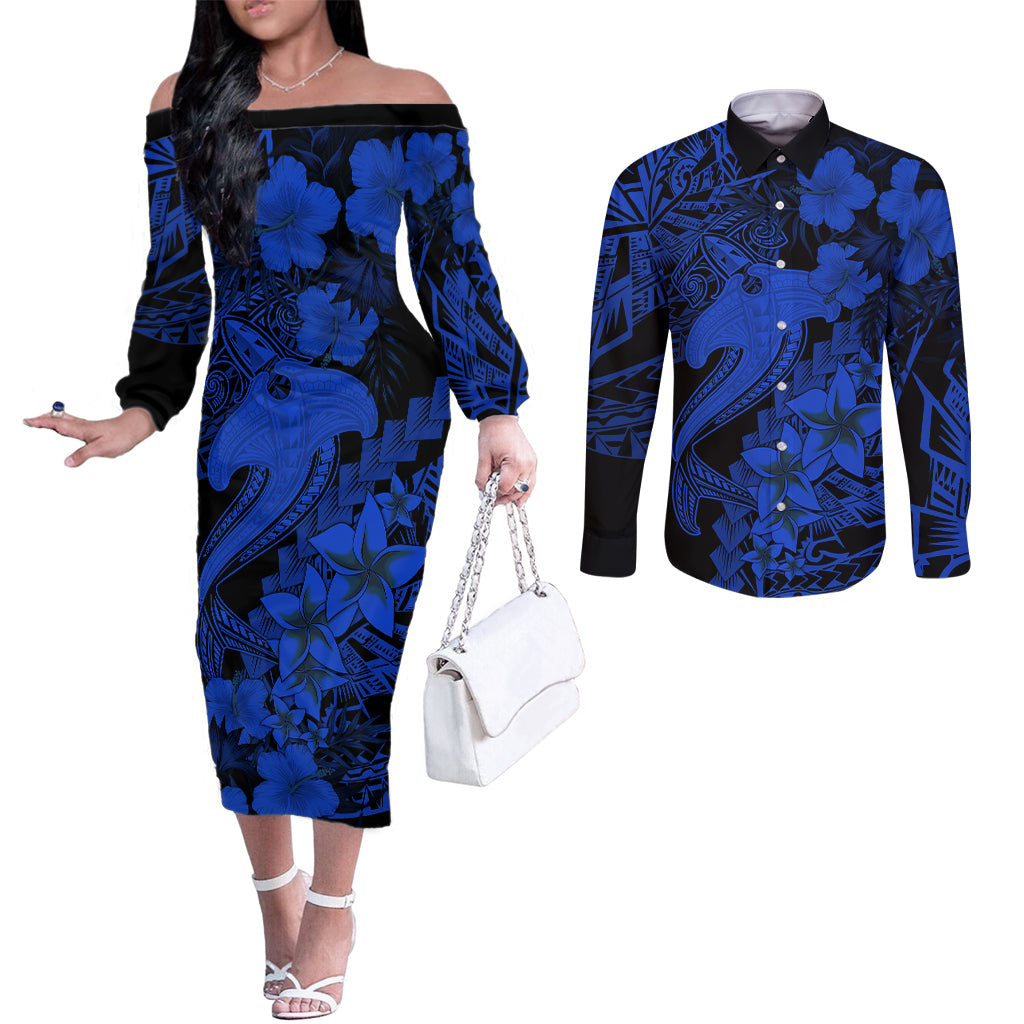 Aloha Hawaii Couples Matching Off The Shoulder Long Sleeve Dress and Long Sleeve Button Shirts Hammerhead Shark Tattoo Polynesian Summer - Blue LT9 Blue - Polynesian Pride