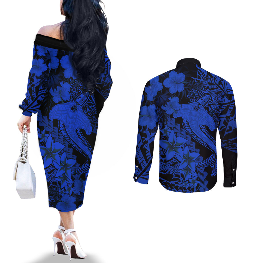 Aloha Hawaii Couples Matching Off The Shoulder Long Sleeve Dress and Long Sleeve Button Shirts Hammerhead Shark Tattoo Polynesian Summer - Blue LT9 - Polynesian Pride