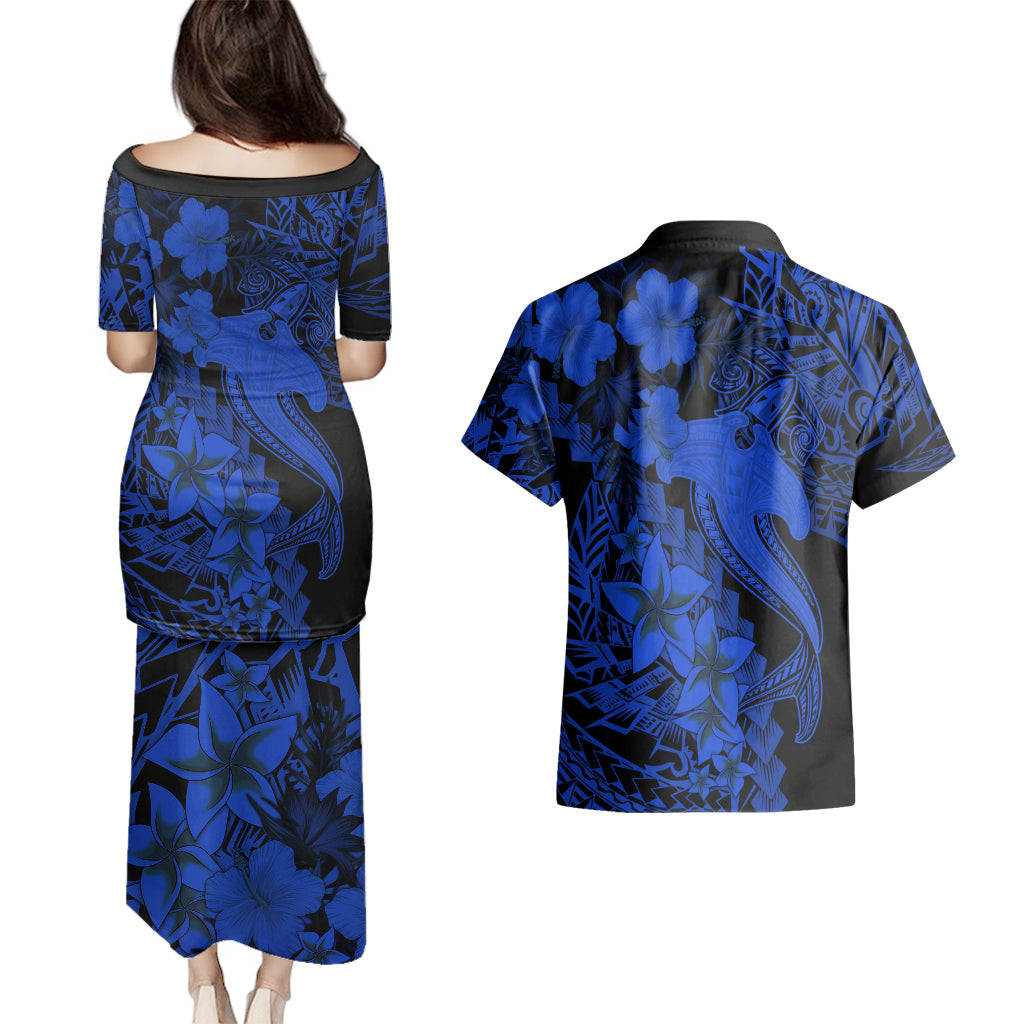 Aloha Hawaii Couples Matching Puletasi Dress and Hawaiian Shirt Hammerhead Shark Tattoo Polynesian Summer - Blue LT9 - Polynesian Pride