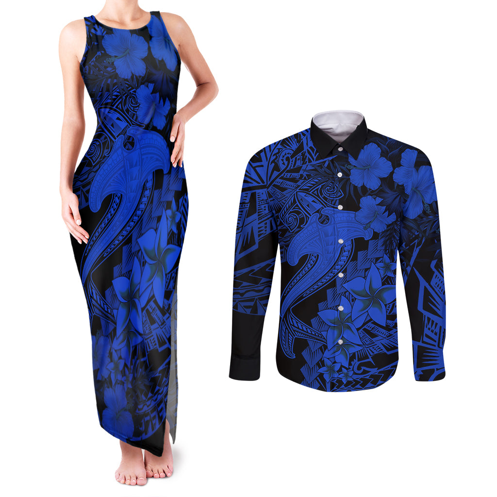 Aloha Hawaii Couples Matching Tank Maxi Dress and Long Sleeve Button Shirts Hammerhead Shark Tattoo Polynesian Summer - Blue LT9 Blue - Polynesian Pride